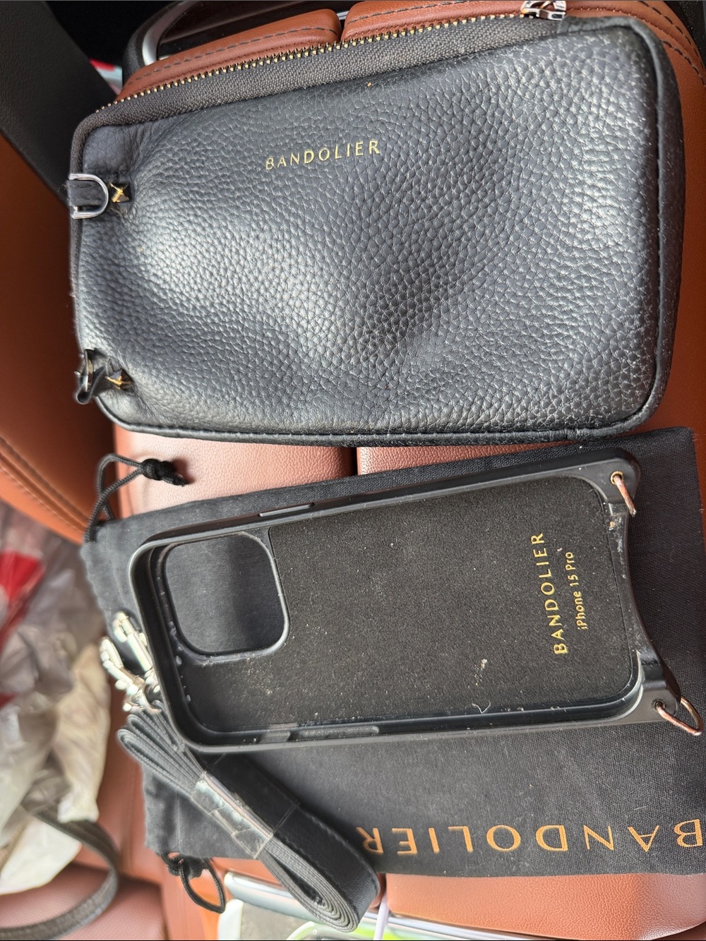 Bandolier Black Leather Crossbody Phone Case,expanded pouch with Strap&storage